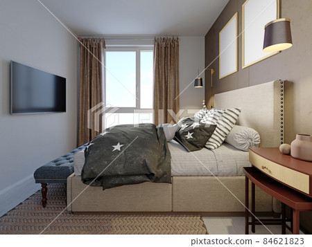 Small bedroom with a fabric bed and a brown wall at the headboard with a quilted bench and a beautiful colored duvet and pillows. 84621823