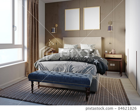Small bedroom with a fabric bed and a brown wall at the headboard with a quilted bench and a beautiful colored duvet and pillows. Small bedroom with a fabric bed and a brown wall at the headboard with a quilted bench and a beautiful colored duvet and pillows. 84621826