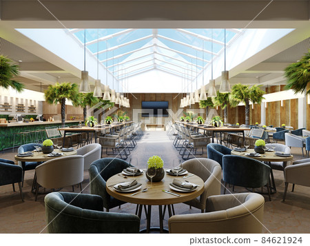 Luxurious restaurant with palm trees inside with a large glass atrium with wooden walls and fashionable furniture. 84621924