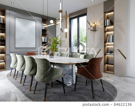 Luxurious dining room with a large marble table... - Stock Illustration ...