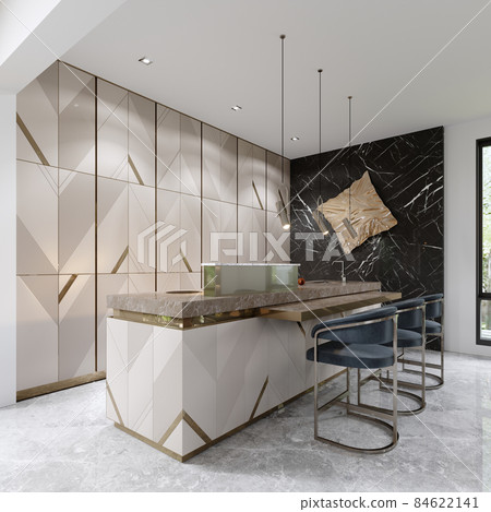A chic modern kitchen with a designer beige front with gold accents and a trendy kitchen island with three chairs. A chic modern kitchen with a designer beige front with gold accents and a trendy kitchen island with three chairs. 84622141