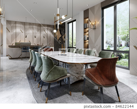 Dining room and table with white marble with... - Stock Illustration ...