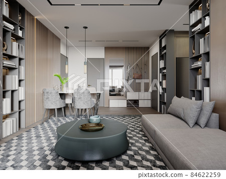 Modern studio living room with dining area and hallway in brown and beige color with wood plank wall and bookcases. 84622259