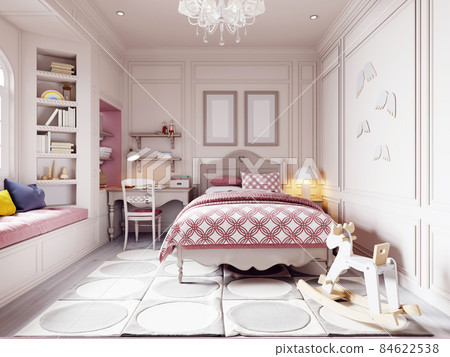Children's room in a classic style in beige and pink with a desk and toys. 84622538