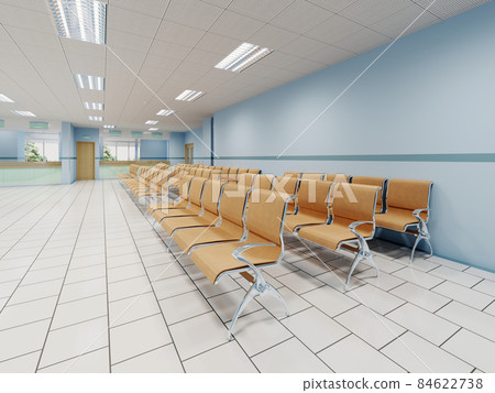 A waiting room in the clinic with orange chairs and light blue walls and white floors. A waiting room in the clinic with orange chairs and light blue walls and white floors. 84622738