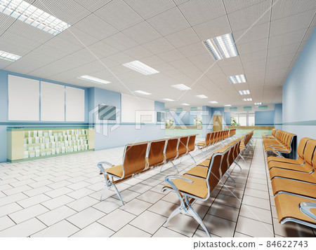 A waiting room in the clinic with orange chairs and light blue walls and white floors. 84622743