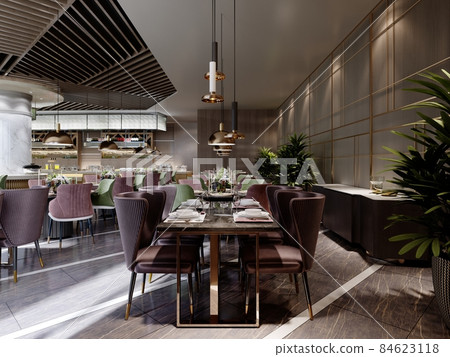 Modern furniture in the restaurant with served tables and colored chairs with green and burgundy colors. Modern furniture in the restaurant with served tables and colored chairs with green and burgundy colors. 84623118