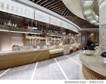 buffet restaurant design in a modern style with counters and different food on the tables. buffet restaurant design in a modern style with counters and different food on the tables. 84623119