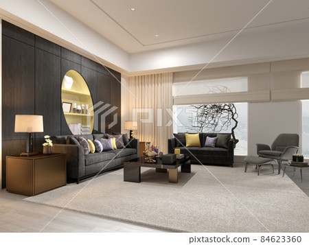 Living room design with gray upholstered furniture with wood paneling and a yellow niche with shelves. 84623360