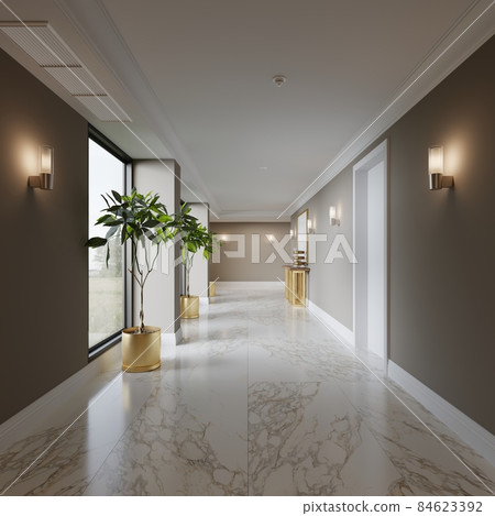 A corridor hall with brown walls and large windows and a white marble floor and flower pots with golden pots with a designer console against the wall. 84623392