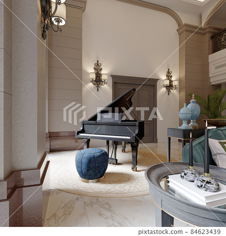 Black piano with blue ottoman in a luxurious classic style interior. Black piano with blue ottoman in a luxurious classic style interior. 84623439