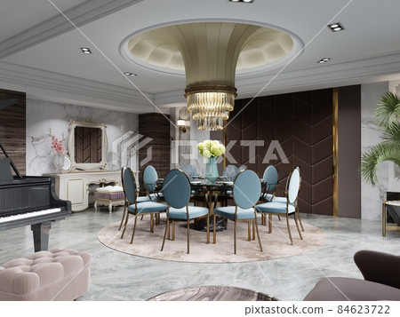 Round dining table with ten blue chairs in a... - Stock Illustration ...