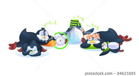 cute penguins animals sleeping with alarm clock antarctic birds relaxing full length horizontal 84623885