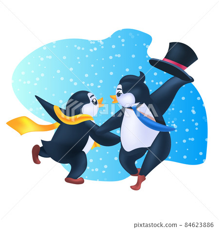 cute penguins celebrating new year christmas holidays antarctic birds having fun full length 84623886