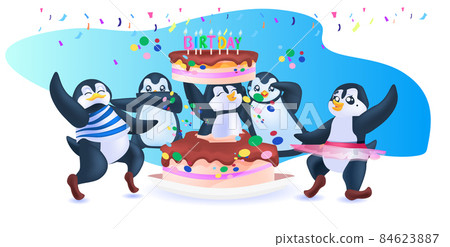cute penguins celebrating birthday party antarctic birds having fun full length horizontal 84623887