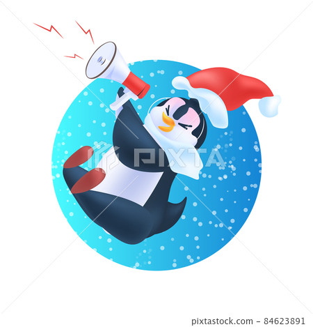 cute penguin using loudspeaker sale poster holiday shopping announcement concept full length 84623891