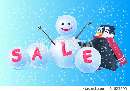 cute penguin with snowman sale poster holiday shopping concept full length horizontal cute penguin with snowman sale poster holiday shopping concept full length horizontal 84623893