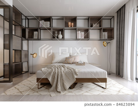 Bedroom with metal square shelves with decor. 84623894