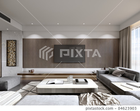 TV wall wood planks with firewood niche and modern furniture. 84623903