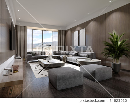 Contemporary living room with wood paneling on the walls and wood slats with gray corner sofa and square ottomans. 84623910