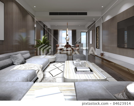 Contemporary living room with wood paneling on the walls and wood slats with gray corner sofa and square ottomans. Contemporary living room with wood paneling on the walls and wood slats with gray corner sofa and square ottomans. 84623914