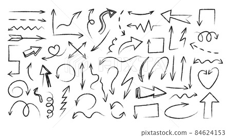 Black doodle arrows. Hand drawn cartoon curly and straight direction arrows and pencil navigation symbols, orientation pointers. Vector illustrations elements pictogram doodle drawings 84624153