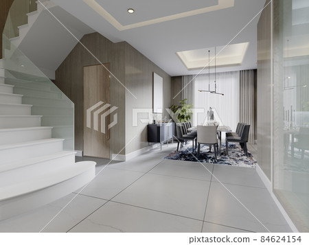White staircase to the second floor and dining area in a modern style. White staircase to the second floor and dining area in a modern style. 84624154