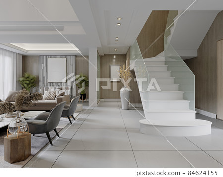 Beautiful white staircase with glass railings from the living room to the second floor. Beautiful white staircase with glass railings from the living room to the second floor. 84624155
