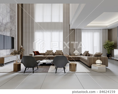 Contemporary living room in light colors with high ceilings and trendy contemporary furnishings. 84624159