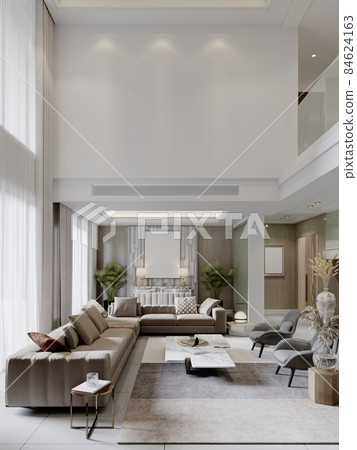 Contemporary living room in light colors with high ceilings and trendy contemporary furnishings. 84624163