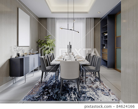 Modern dining room with blue furniture and a dining table with spotted carpet near the window. Modern dining room with blue furniture and a dining table with spotted carpet near the window. 84624166