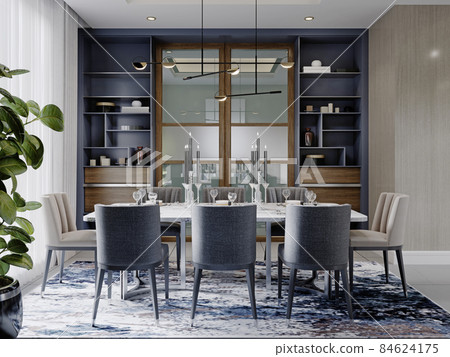 Modern dining room with blue furniture and a dining table with spotted carpet near the window. Modern dining room with blue furniture and a dining table with spotted carpet near the window. 84624175