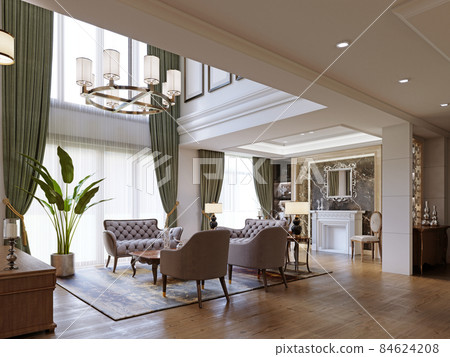 Living area in a large two-story house with luxurious quilted furniture side tables and a decorated console. 84624208