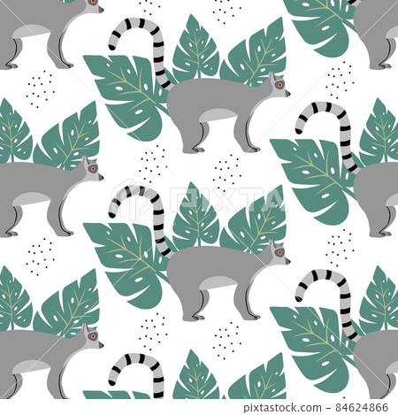 Childish seamless pattern with lemur and monstera leaves. Hand-drawn pattern with lemur in cartoon style. Childish seamless pattern with lemur and monstera leaves. Hand-drawn pattern with lemur in cartoon style. 84624866