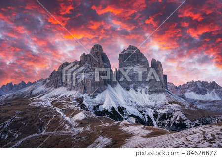 Dramatic evening landscape with Three peaks of Lavaredo mountains Dramatic evening landscape with Three peaks of Lavaredo mountains 84626677