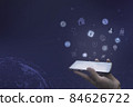 Businessman using a smartphone with a Contact icon application, Hand holding smartphone, media icons and symbols, virtual graphic icon diagram Digital marketing media 84626722
