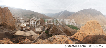 Dhankar village on a high cliff overlooking the confluence of Pin Rivers 84626757