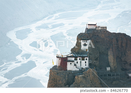 A Buddhist temple Dhankar Gompa on a high cliff 84626770