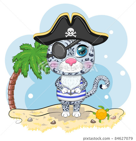 Snow leopard pirate, cartoon character of the game, wild cat in a bandana and a cocked hat with a skull, with an eye patch. Character with bright eyes on the beach with palm trees 84627079