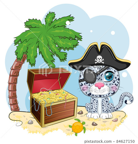 Snow leopard pirate, cartoon character of the game, wild cat in a bandana and a cocked hat with a skull, with an eye patch. Character with bright eyes and treasure chest 84627150