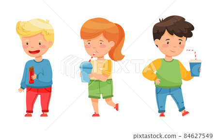 Children with sweet food set. Girl and boys chocolate and drinking soda drinks cartoon vector illustration 84627549