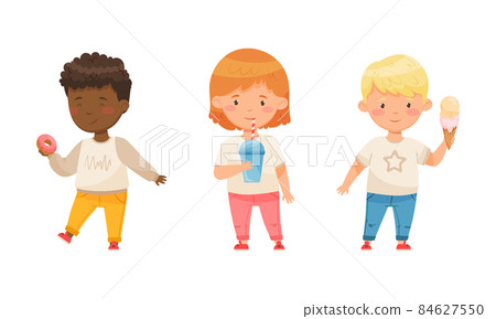 Children with sweet food set. Girl and boys eating ice cream, donut and drinking soda drink cartoon vector illustratio 84627550