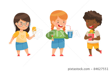 Children with sweet food set. Girls and boy eating ice cream, candies and drinking soda drink cartoon vector illustration 84627551