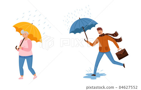People walking with umbrellas set. Elderly woman and young man in casual autumn outfit holding umbrella on rainy day cartoon vector illustration 84627552