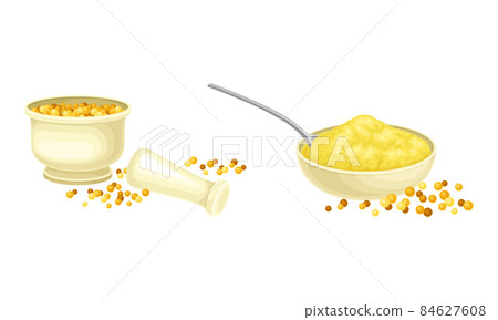 Ceramic bowl of ground mustard seeds, mortar and pestle set. Natural organic healthy product vector illustration Ceramic bowl of ground mustard seeds, mortar and pestle set. Natural organic healthy product vector illustration 84627608