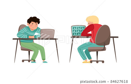 Teenage students studying online and communicating with laptop computer. Distance education during quarantine cartoon vector illustration 84627618