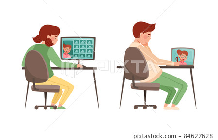 Boy and girl studying online and communicating with classmates via video conference on laptop computer cartoon vector illustration Boy and girl studying online and communicating with classmates via video conference on laptop computer cartoon vector illustration 84627628