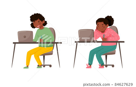 Children studying online and communicating with classmates via video conference on laptop computer. cartoon vector illustration Children studying online and communicating with classmates via video conference on laptop computer. cartoon vector illustration 84627629