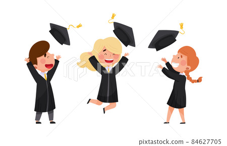 Happy kids graduate students in graduation suits celebrating the end of their studies throwing caps in air vector illustration 84627705