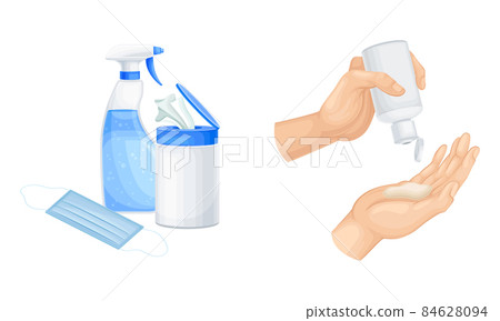 Disinfection and hygiene set. Hands hygiene with sanitizer. Antiseptic spray and antibacterial wet wipes vector illustration Disinfection and hygiene set. Hands hygiene with sanitizer. Antiseptic spray and antibacterial wet wipes vector illustration 84628094